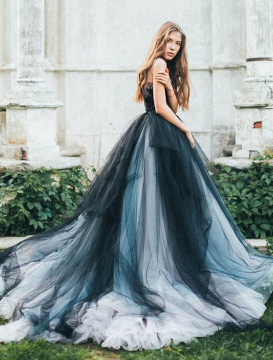 Ball Gown Evening Gown Color Block Dress Engagement Sweep / Brush Train Sleeveless V Neck Tulle V Back