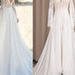 Beach Open Back Boho Wedding Dresses A-Line V Neck Long Sleeve Sweep / Brush Train Chiffon Bridal Gowns