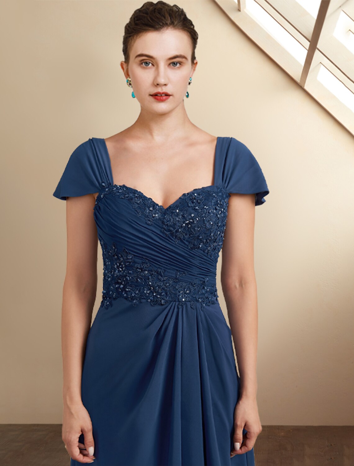 A-Line Mother of the Bride Dress Wedding Guest Elegant High Low Square Neck Asymmetrical Tea Length Chiffon Lace Cap Sleeve Fall Wrap Included