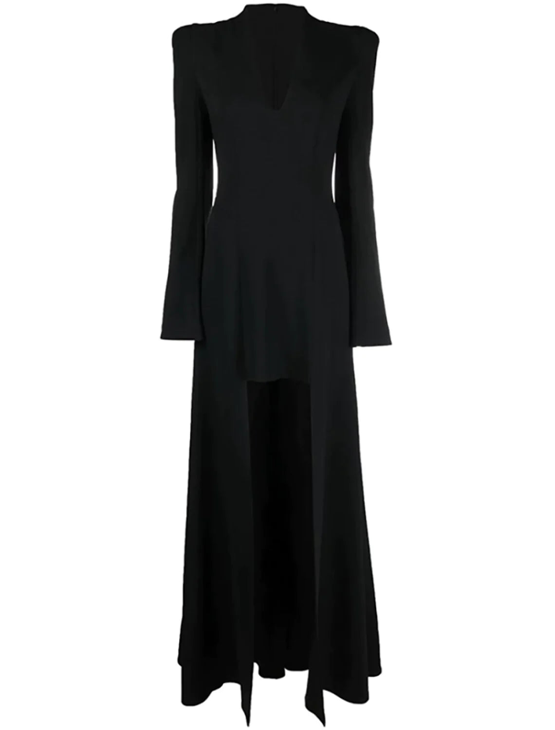 A-Line Evening Gown Elegant Dress Formal Asymmetrical Black Dress Long Sleeve V Neck Stretch Fabric