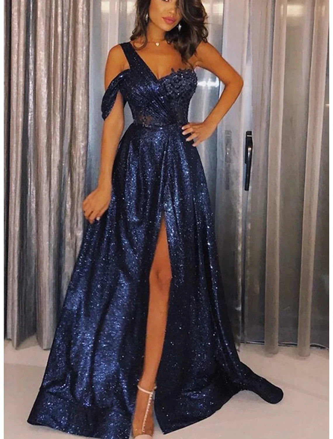 A-Line Evening Gown Elegant Dress Formal Floor Length Sleeveless One Shoulder Sequined with Glitter Slit