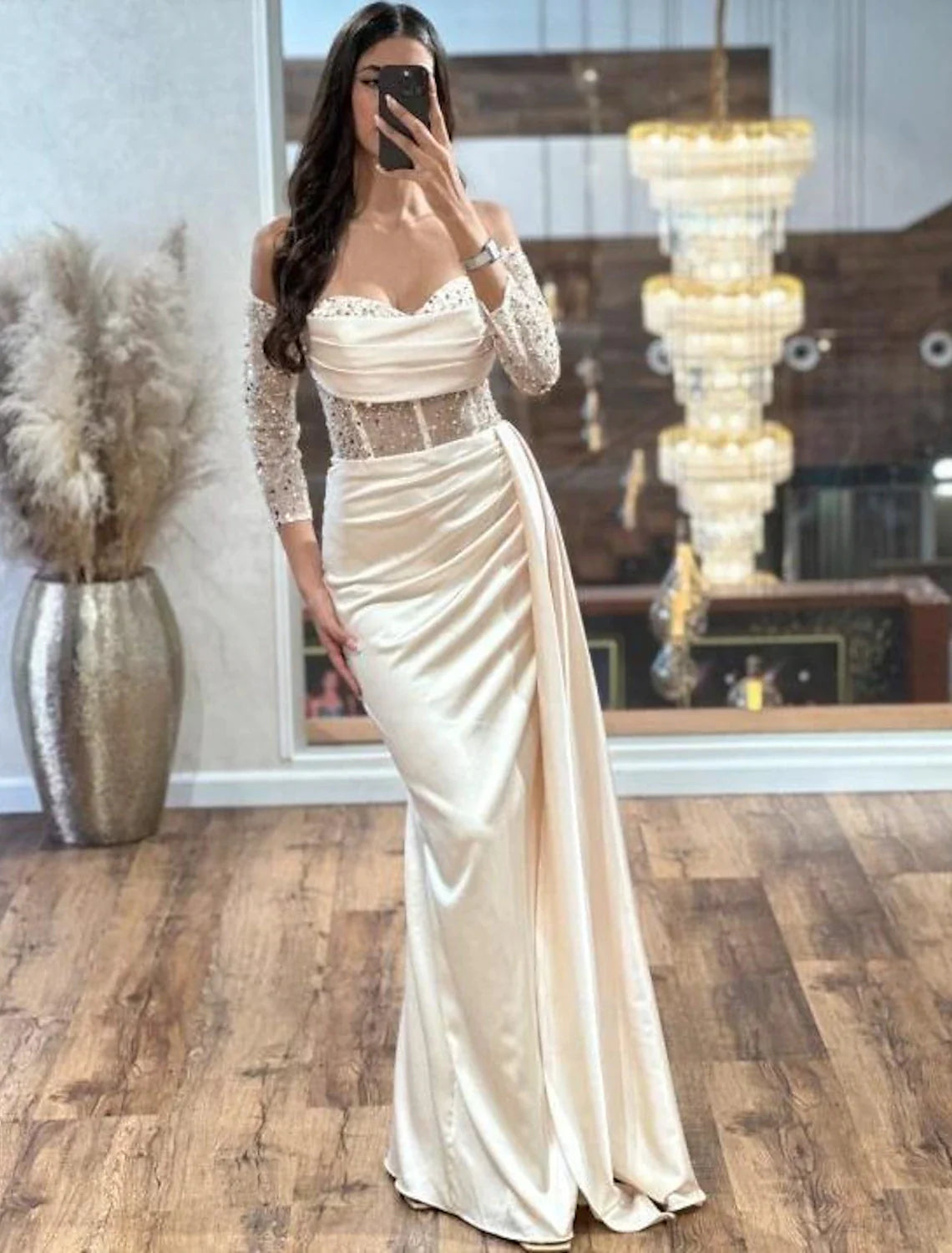 Sheath / Column Prom Dresses Elegant Dress Formal Prom Floor Length Long Sleeve Sweetheart Satin Party Dresses
