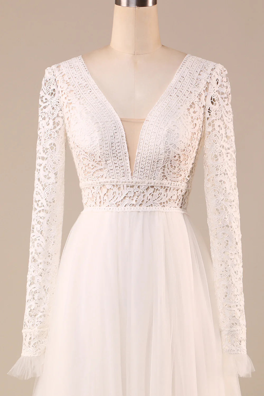 A-Line Long Sleeves Wedding Dress with Lace V-neck