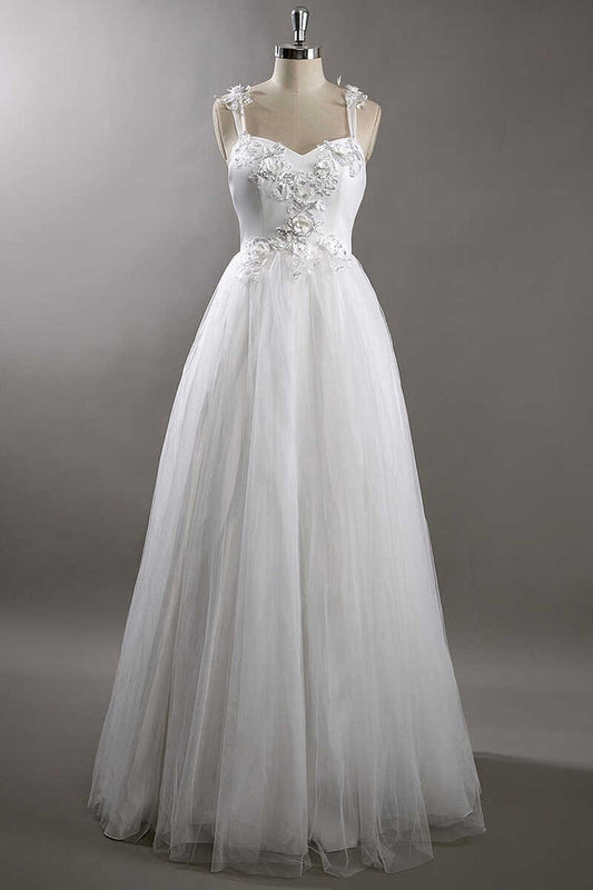 White Sweetheart Strap Flower A-Line Wedding Dress Long