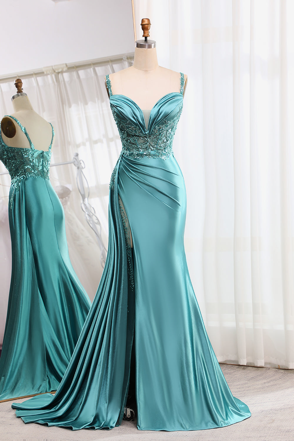 Mermaid V-Neck Satin Long Appliques Sequin Blue Prom Dress With Slit Sexy Evening Dresses