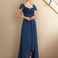 A-Line Mother of the Bride Dress Wedding Guest Elegant High Low Square Neck Asymmetrical Tea Length Chiffon Lace Cap Sleeve Fall Wrap Included