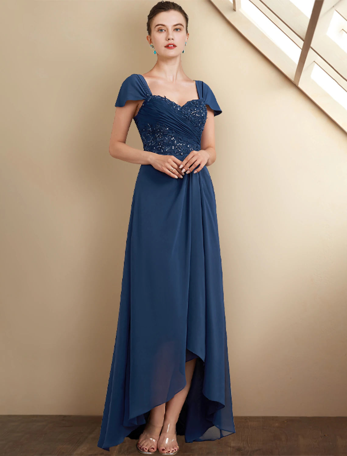 A-Line Mother of the Bride Dress Wedding Guest Elegant High Low Square Neck Asymmetrical Tea Length Chiffon Lace Cap Sleeve Fall Wrap Included