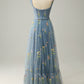 A-Line Square Neck Embroidered Prom Dress Floor Length With Flowers