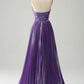 Sparkly Purple A-Line Halter Pleated Prom Dress with Slit Sexy Evening Dresses