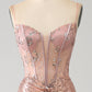 Sparkly Rose Golden Mermaid Beaded Ruched Sequin Corset Long Prom Dress with Slit Sexy