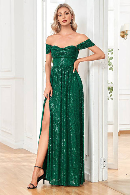 Glitter Dark Green Sheath Long Sequined Prom Dress With Slit Sparkly Evening Dresses