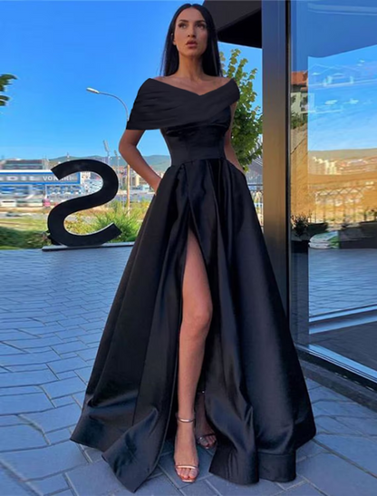 A-Line Prom Dresses Little Black Dress Dress Formal Floor Length Short Sleeve Off Shoulder Satin