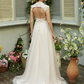 A-Line Wedding Dresses High Neck Sweep Brush Train Tulle Short Sleeve Open Back with Bowknot Sash Ribbon