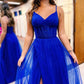 A-Line Long Tulle Prom Dress Simple Elegant Spaghetti Straps with Slit V-neck