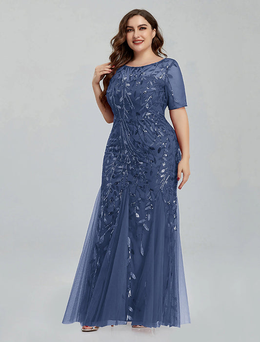 Mermaid / Trumpet Evening Gown Empire Dress Homecoming Floor Length Short Sleeve Jewel Neck Tulle Plus Size