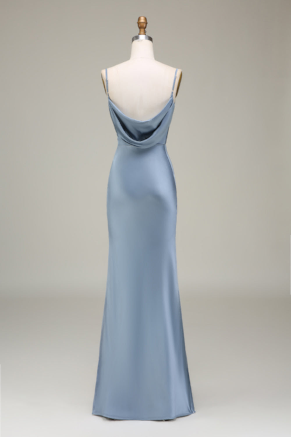 Dusty Blue Sheath Spaghetti Straps Long Satin Bridesmaid Dress Floor Length