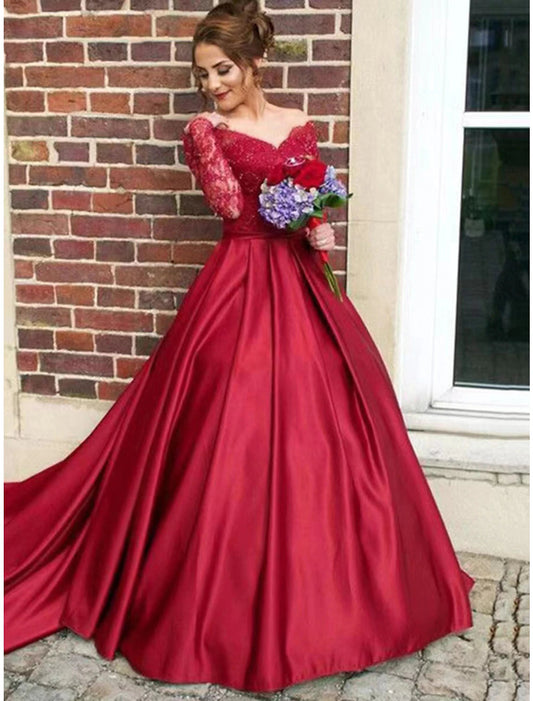 A-Line Evening Gown Floral Dress Sweet 16 Chapel Train Long Sleeve V Neck Satin with Appliques Off Shoulder