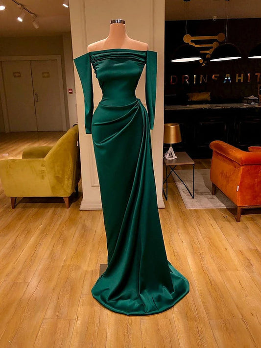 Sheath / Column Evening Gown Reformation Amante Dress Wedding Guest Sweep / Brush Train Long Sleeve Off Shoulder Charmeuse with Sleek
