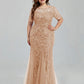 Mermaid / Trumpet Evening Gown Empire Dress Homecoming Floor Length Short Sleeve Jewel Neck Tulle Plus Size