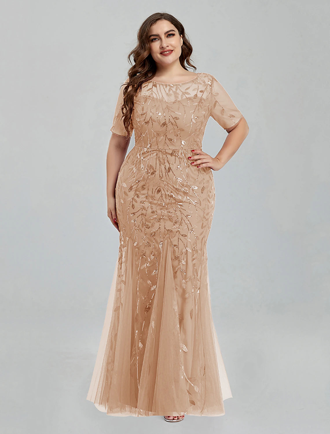 Mermaid / Trumpet Evening Gown Empire Dress Homecoming Floor Length Short Sleeve Jewel Neck Tulle Plus Size