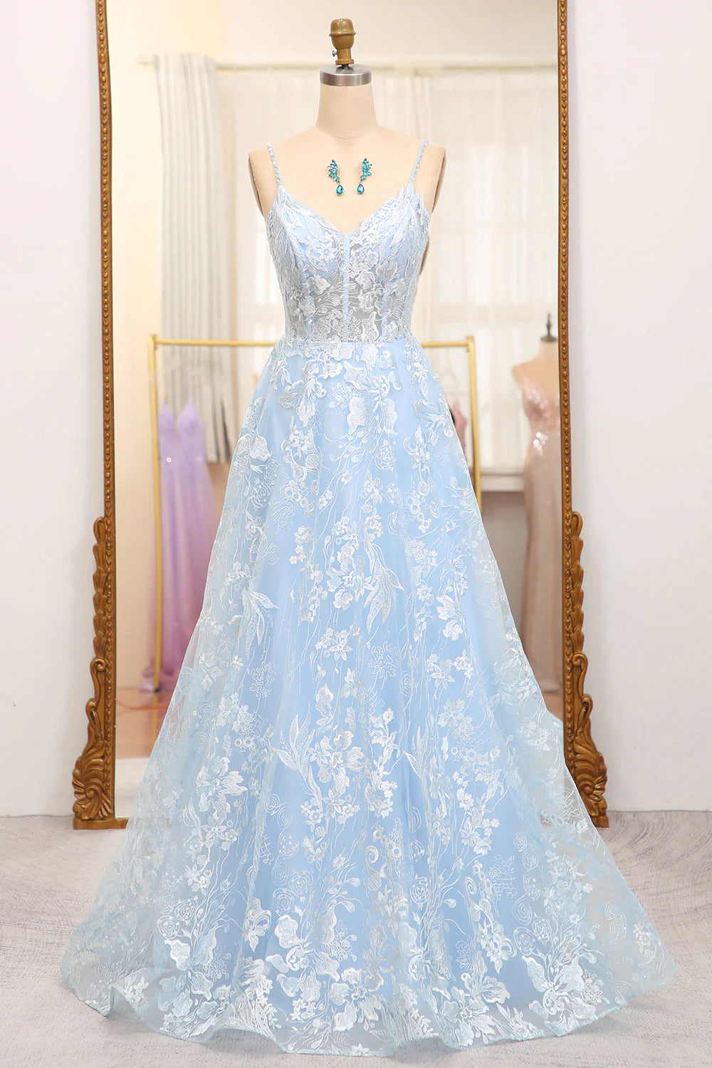 A Line Tulle Long Corset Prom Dress With Appliques Beautiful