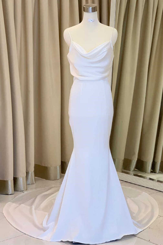 White Blouson Cowl Neck Backless Mermaid Long Wedding Dress Pure Color