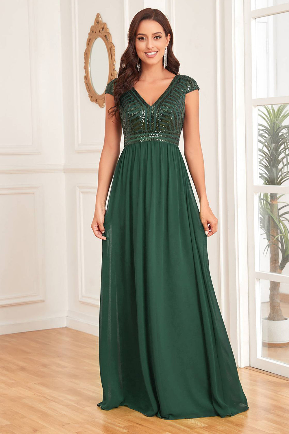 Dark Green A Line Tulle Long Prom Dress With Appliques Sparkly Evening Dresses