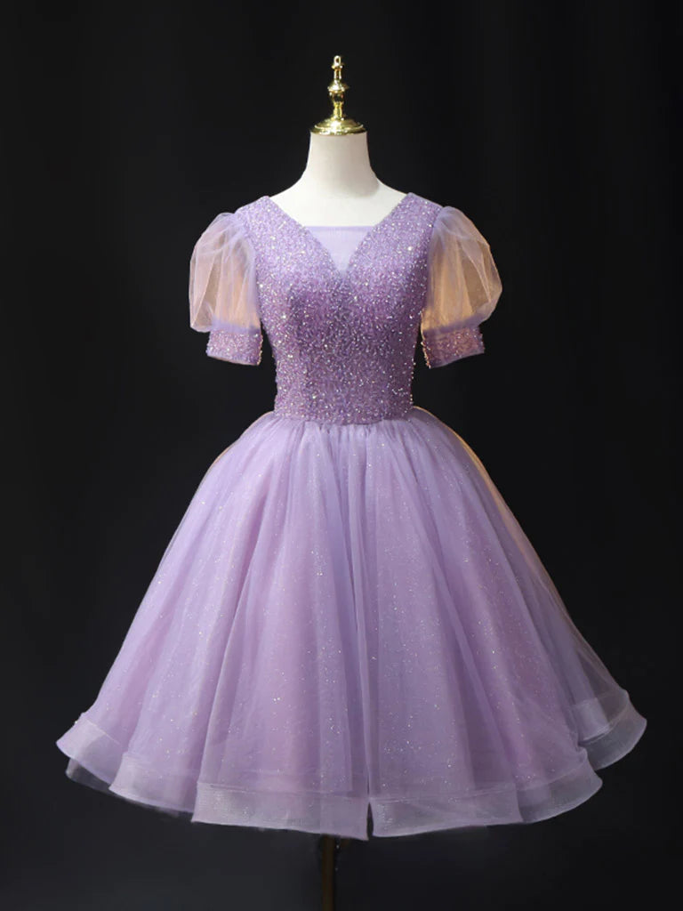 V Neck Tulle Beading Sequin Short Prom Dress purple