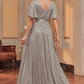 A Line Long Sequined Prom Dress With Sash Sparkly Evening Dresses