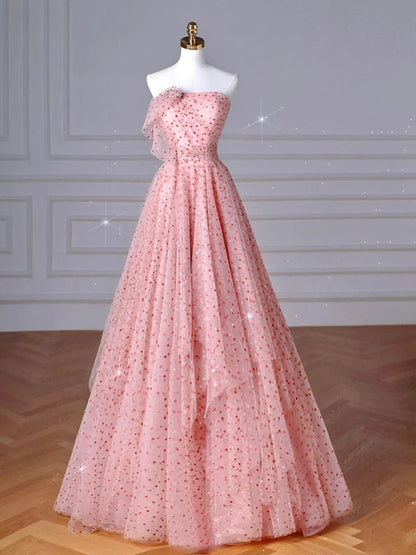 A-Line Tulle Long Prom Dress Pink