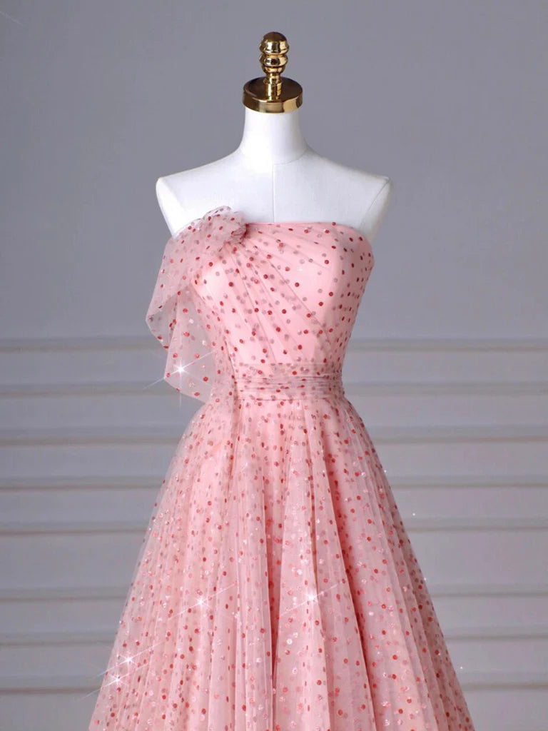 A-Line Tulle Long Prom Dress Pink