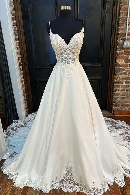 White Lace Sweetheart Backless A-Line Wedding Dress Long