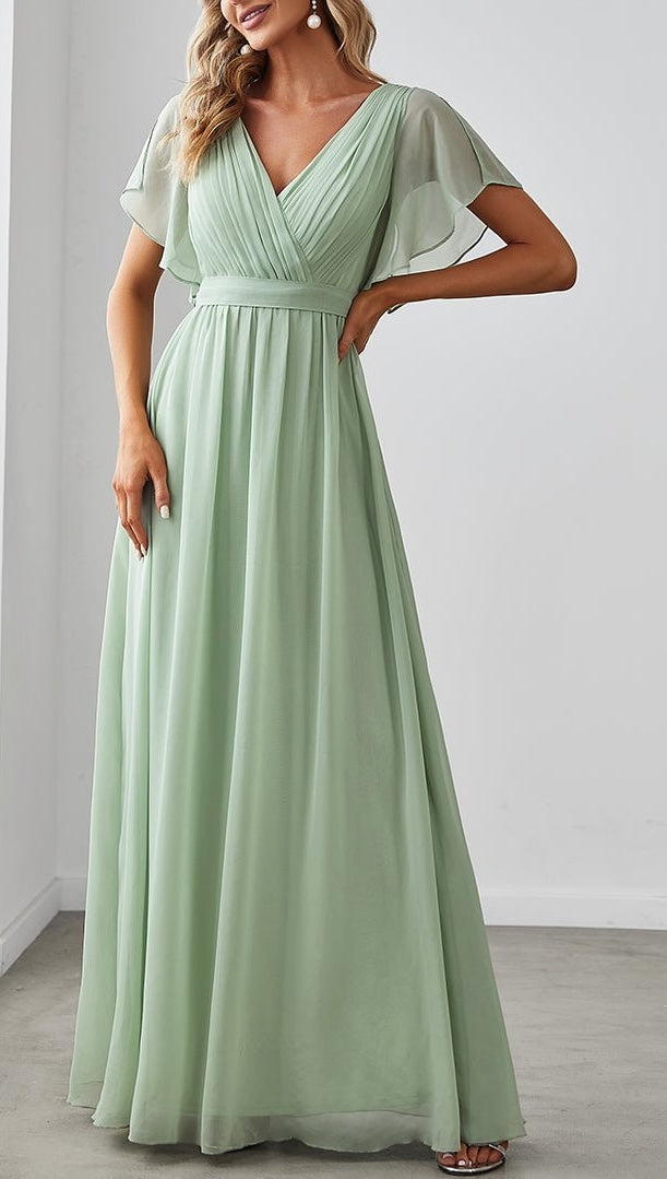 A-Line/Princess V-Neck Floor-Length Long Bridesmaid Dresses Pure Color