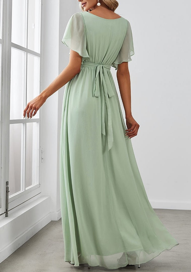 A-Line/Princess V-Neck Floor-Length Long Bridesmaid Dresses Pure Color