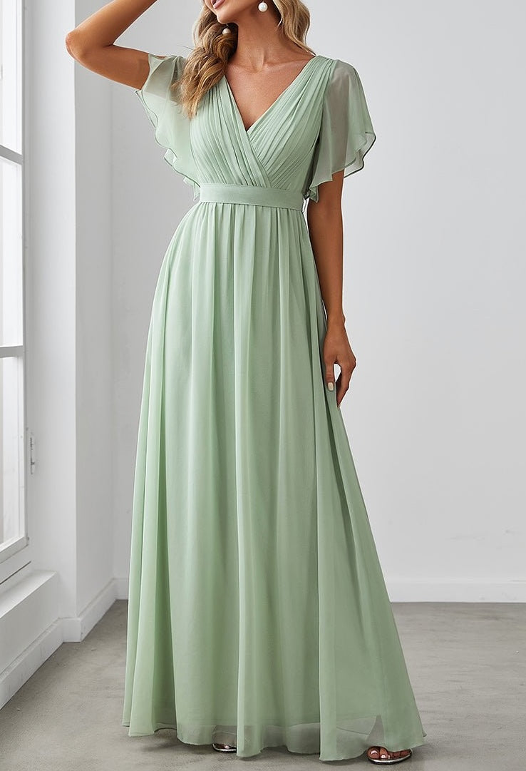 A-Line/Princess V-Neck Floor-Length Long Bridesmaid Dresses Pure Color