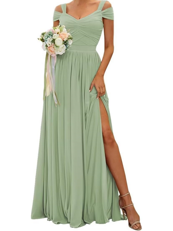 A Line/Princess Off-The-Shoulder Floor-Length Bridesmaid Dresses With Slit Sexy