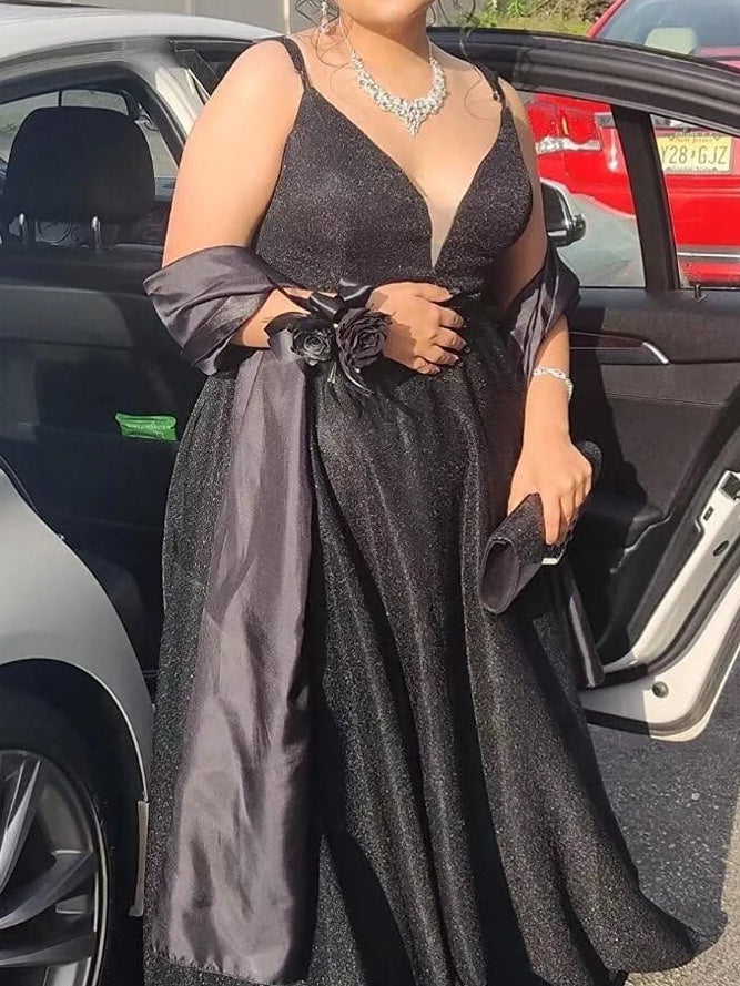 A Line/Princess Spaghetti Straps V Neck Floor-Length Bridesmaid Dresses With Slit Sparkly