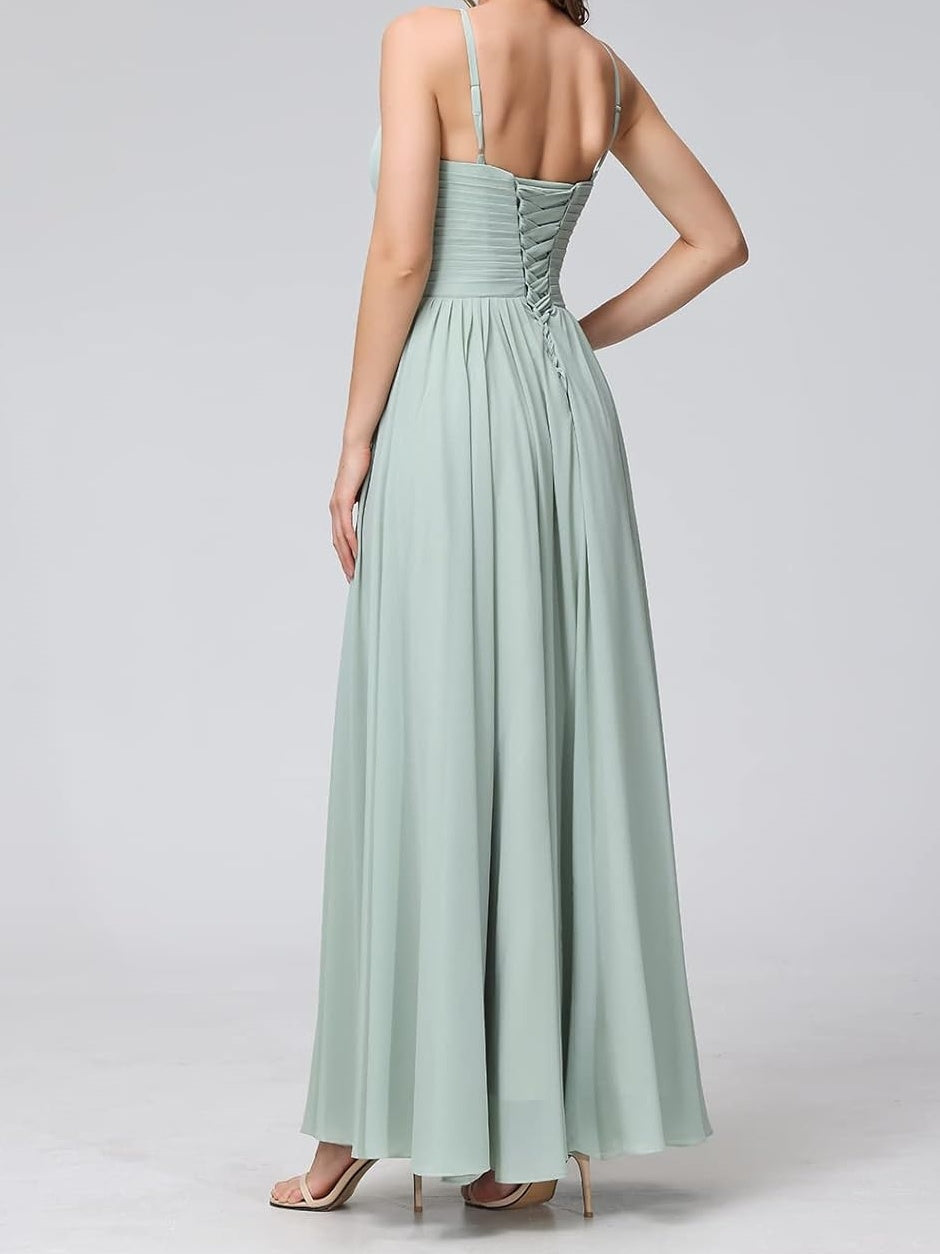 A Line/Princess Spaghetti Straps Halter Sleeveless Floor-Length Bridesmaid Dresses Pure Color