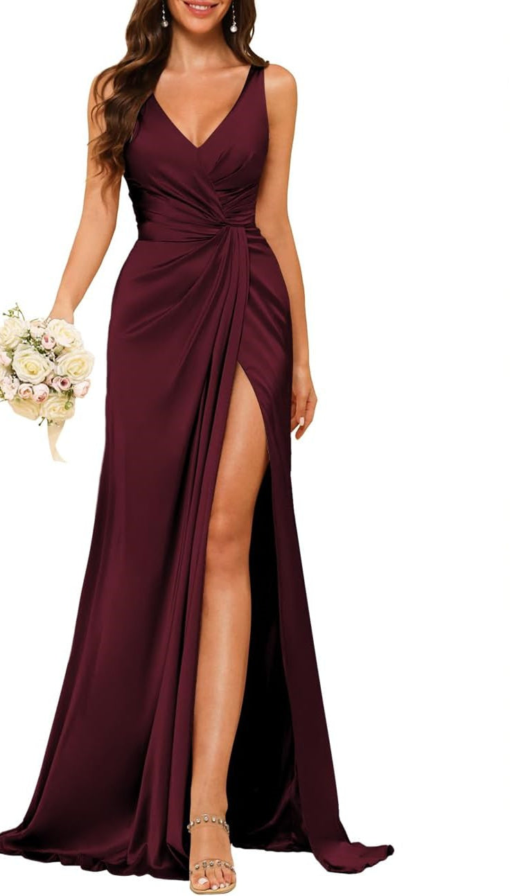 A Line/Princess V Neck Sleeveless Floor-Length Bridesmaid Dresses With Split Sexy
