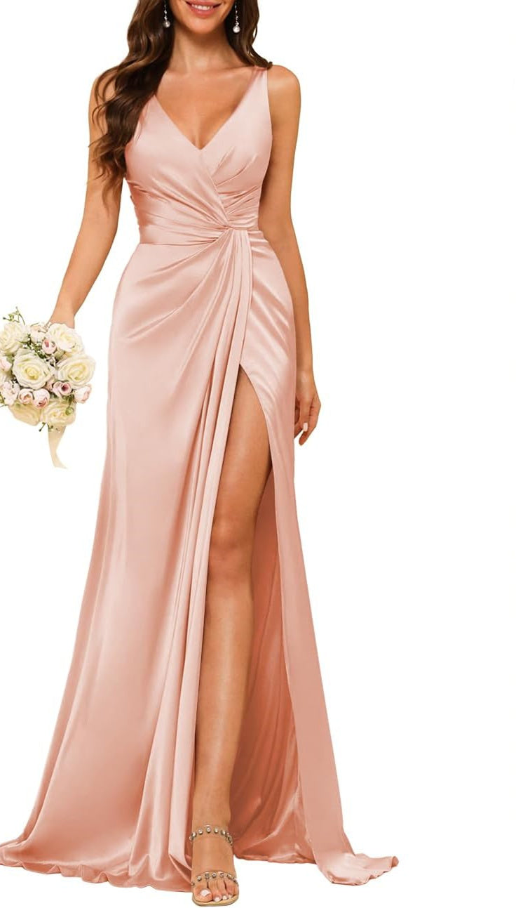 A Line/Princess V Neck Sleeveless Floor-Length Bridesmaid Dresses With Split Sexy