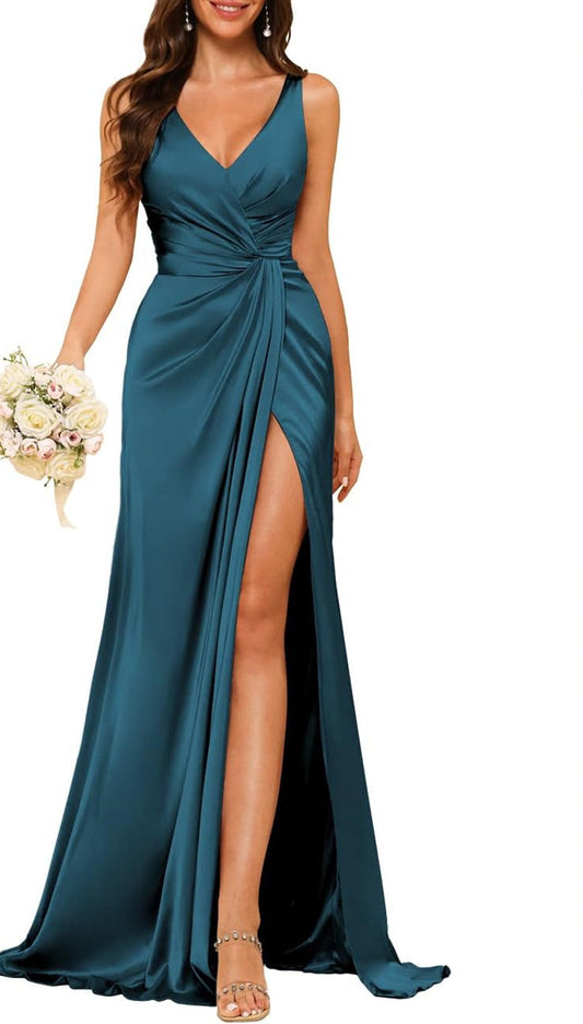 A Line/Princess V Neck Sleeveless Floor-Length Bridesmaid Dresses With Split Sexy