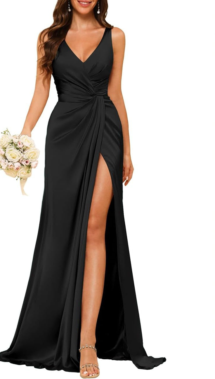 A Line/Princess V Neck Sleeveless Floor-Length Bridesmaid Dresses With Split Sexy