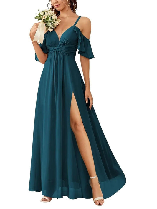 A Line/Princess Off-The-Shoulder Floor-Length Bridesmaid Dresses With Pockets Sexy