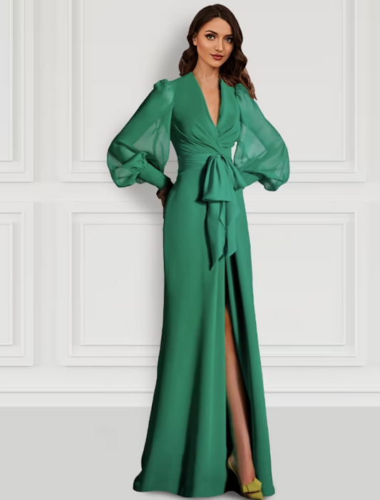 Mermaid / Trumpet Evening Gown Elegant Dress Formal Sweep / Brush Train Long Sleeve V Neck Chiffon