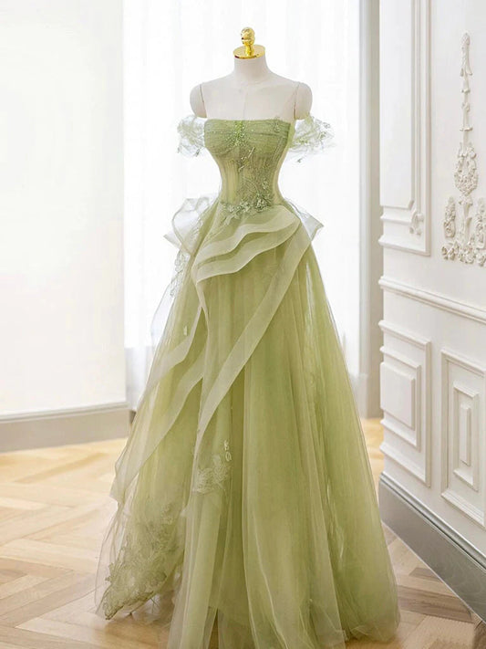 A-Line Off Shoulder Tulle Lace Long Prom Dress Green