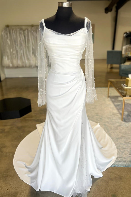 White Backless Ruched Wedding Dress with Detachable Sleeves Open Back