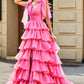 Fuchsia A-Line Deep V Neck Tiered Long Prom Dress With Slit Floor Length Sexy