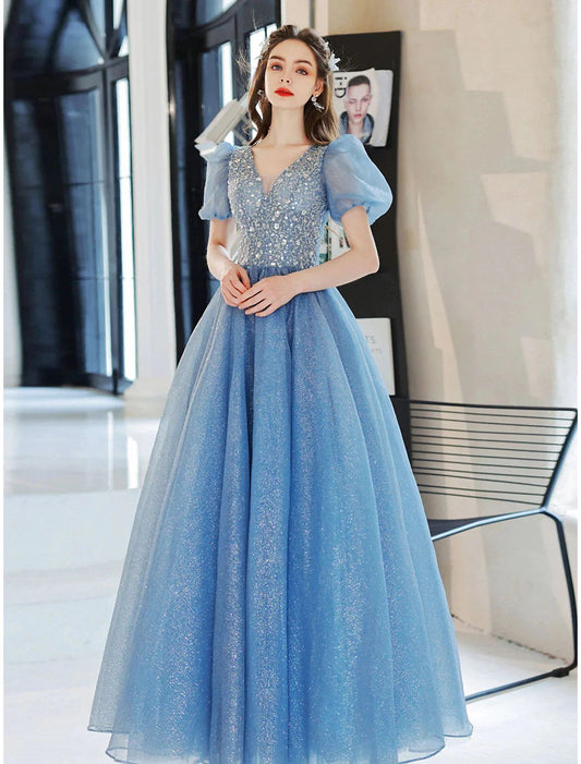 Ball Gown A-Line Evening Gown Floral Dress Prom Floor Length Short Sleeve V Neck Tulle with Glitter Beading