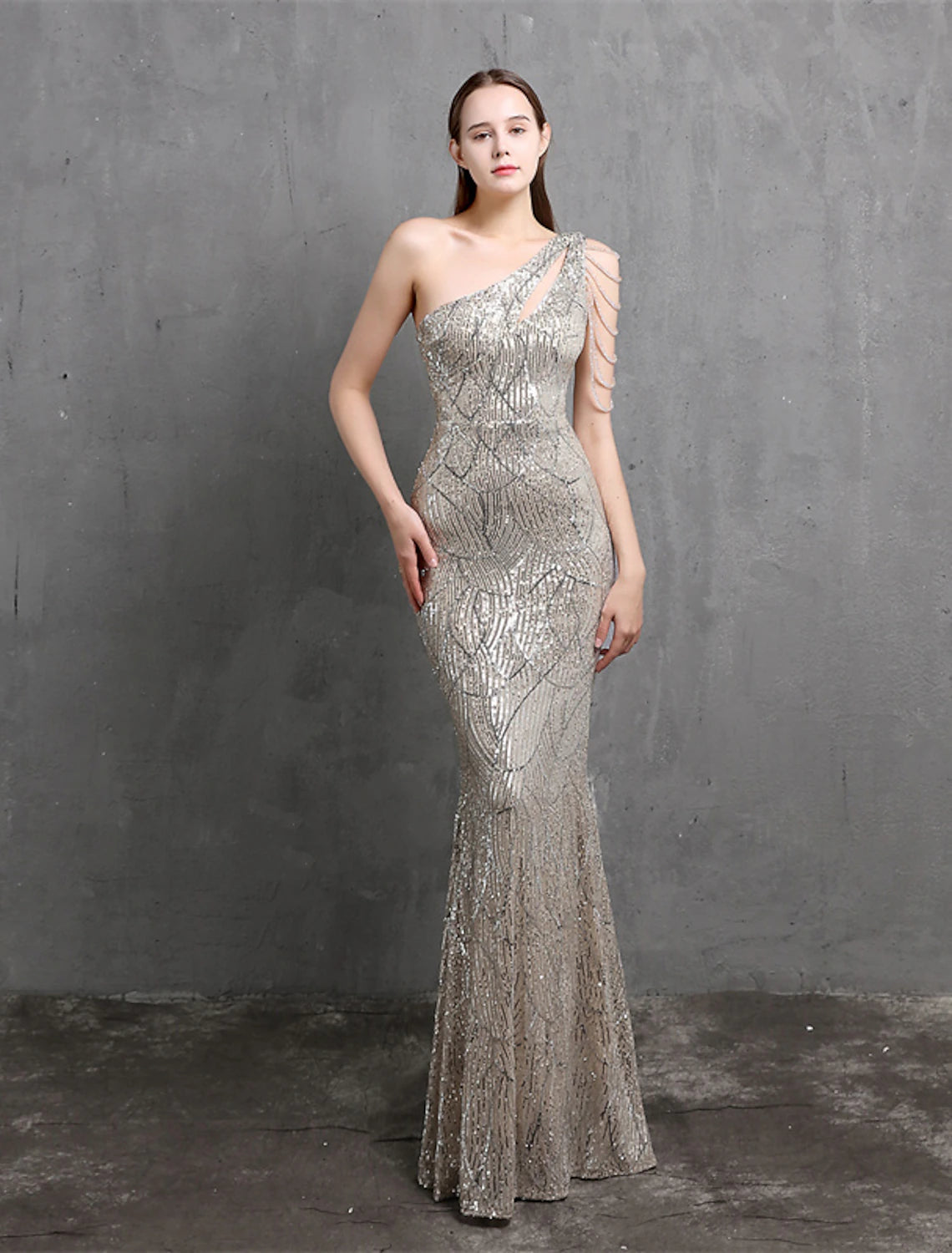 Mermaid / Trumpet Evening Gown Sparkle & Shine Dress Formal Floor Length Short Sleeve One Shoulder Sequined