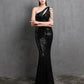 Mermaid / Trumpet Evening Gown Sparkle & Shine Dress Formal Floor Length Short Sleeve One Shoulder Sequined